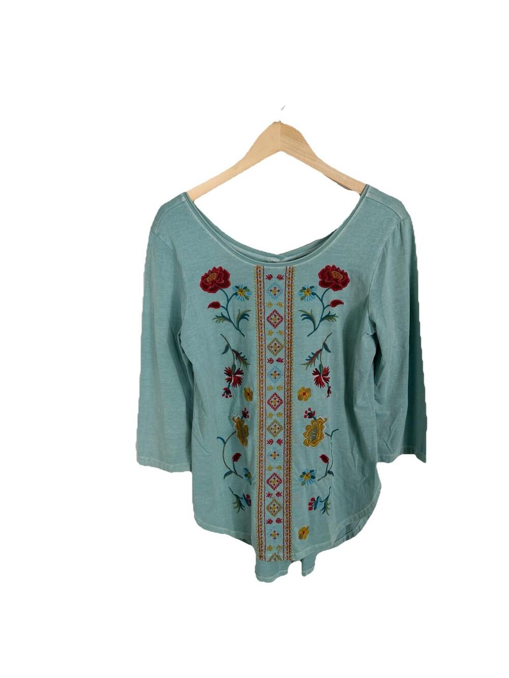 CAITE Anthropologie Embroidered Sage Green Blouse Boho Floral Tunic Top Large